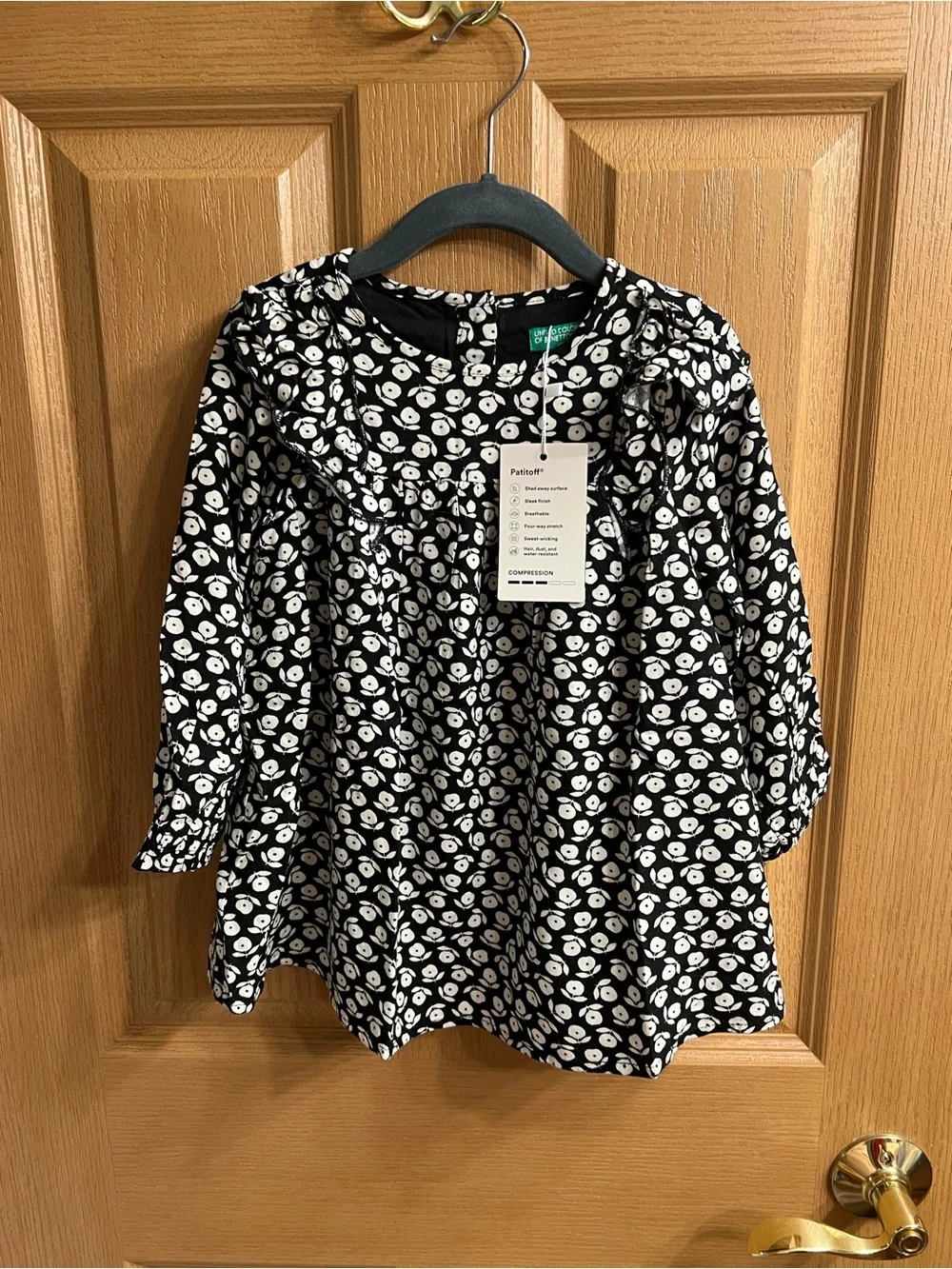 United Color of Benetton Baby Girl Black Floral Ruffle Long-Sleeve Dress